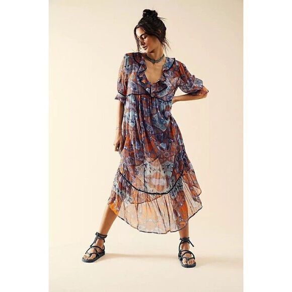 NWT FREE PEOPLE Sz M CARMELLA PRINTED MAXI DRESS IN SPICECOMBO